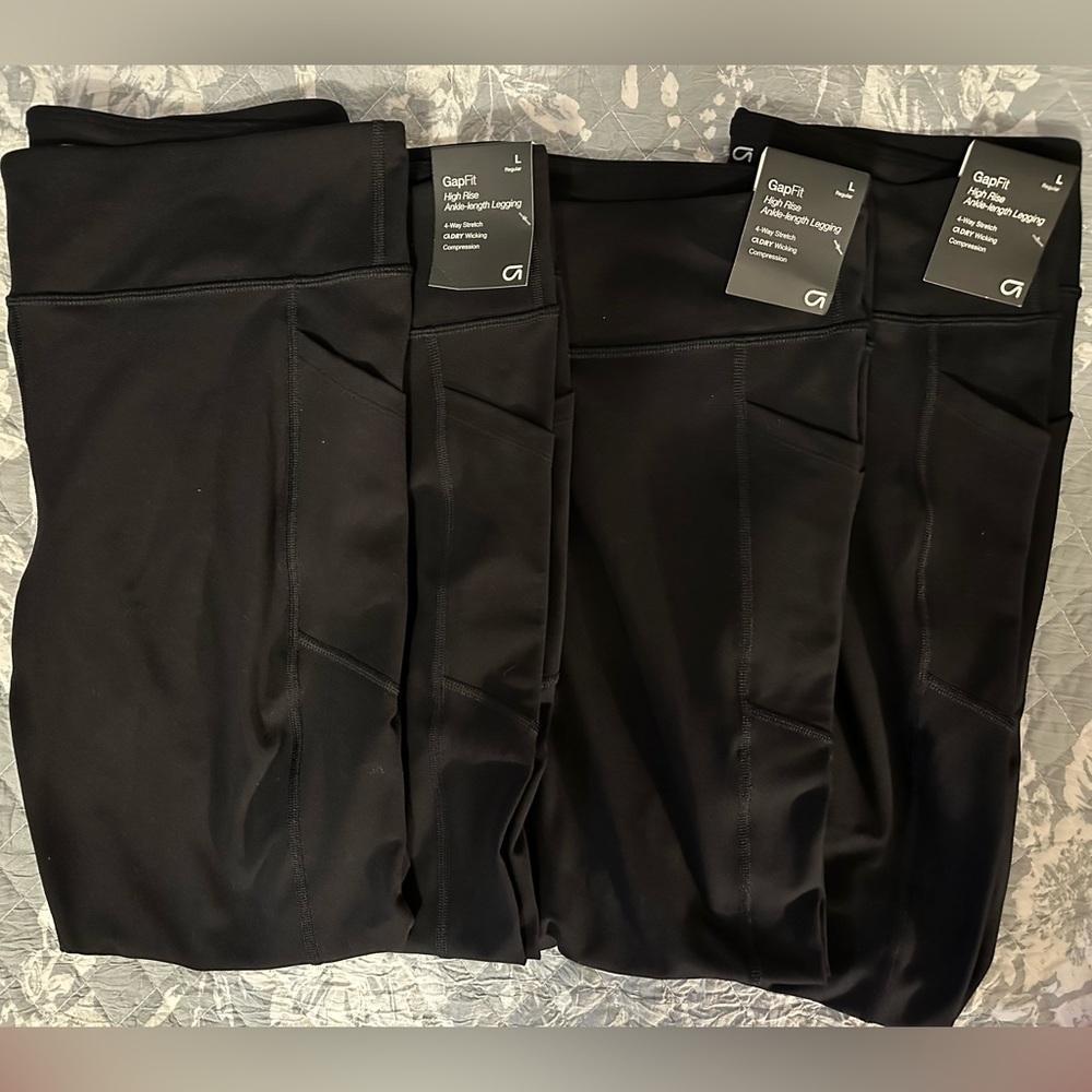 Lot of 4 (3 NWT) Black GapFit High Rise Ankle Length leggings with pockets